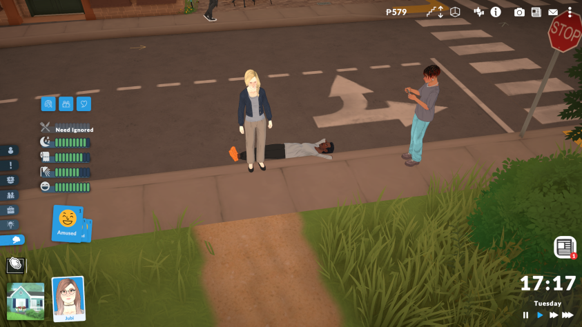 Игра пытается не&amp;nbsp;быть похожей на&amp;nbsp;The Sims, но&amp;nbsp;дух последней обитает повсюду&amp;nbsp;— персонажи теряются в&amp;nbsp;текстурах и&amp;nbsp;спонтанно ложатся на&amp;nbsp;землю посреди дороги, чтобы посмотреть на&amp;nbsp;звёзды и&amp;nbsp;поотжиматься.